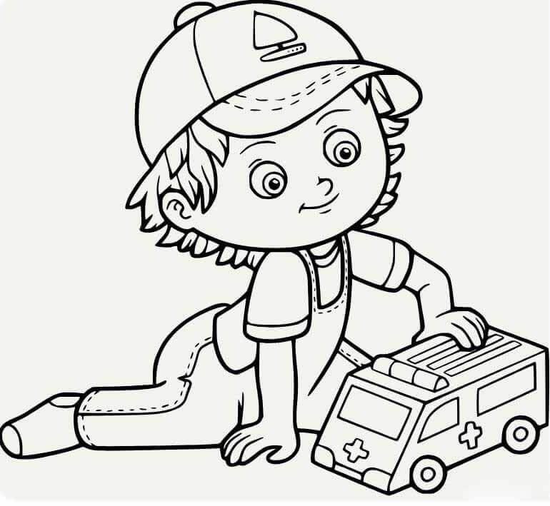 Boy playing with ambulance