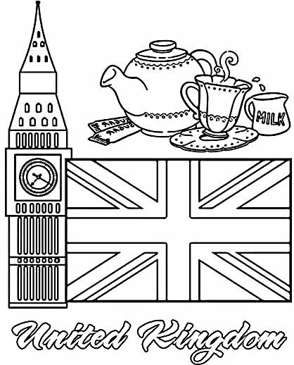 Color the UK flag and famous symbols