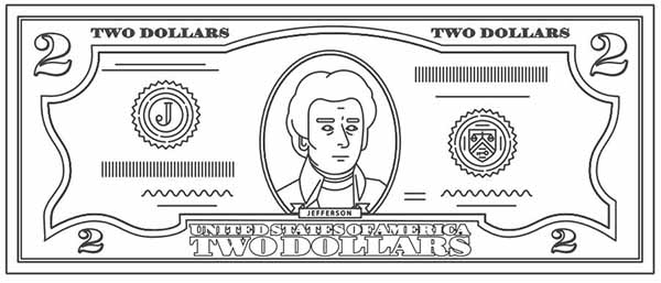 Coloring pages of US dollars for $2