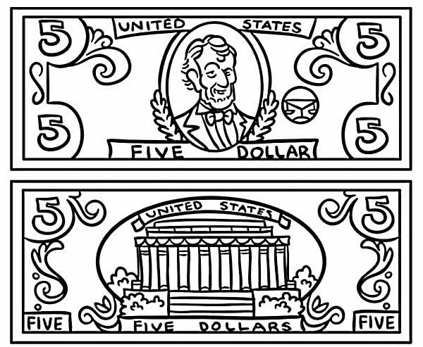 Color the 5 dollar bill front and back