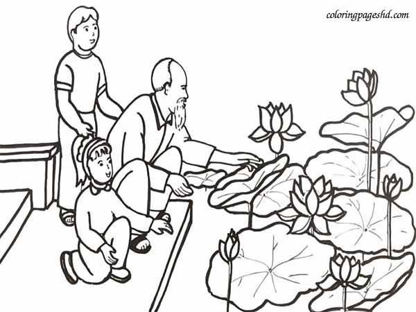 Coloring page of uncle Ho and his grandchildren in the lotus garden