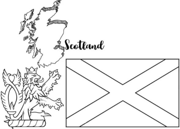 Color the flag, symbols and map of Scotland