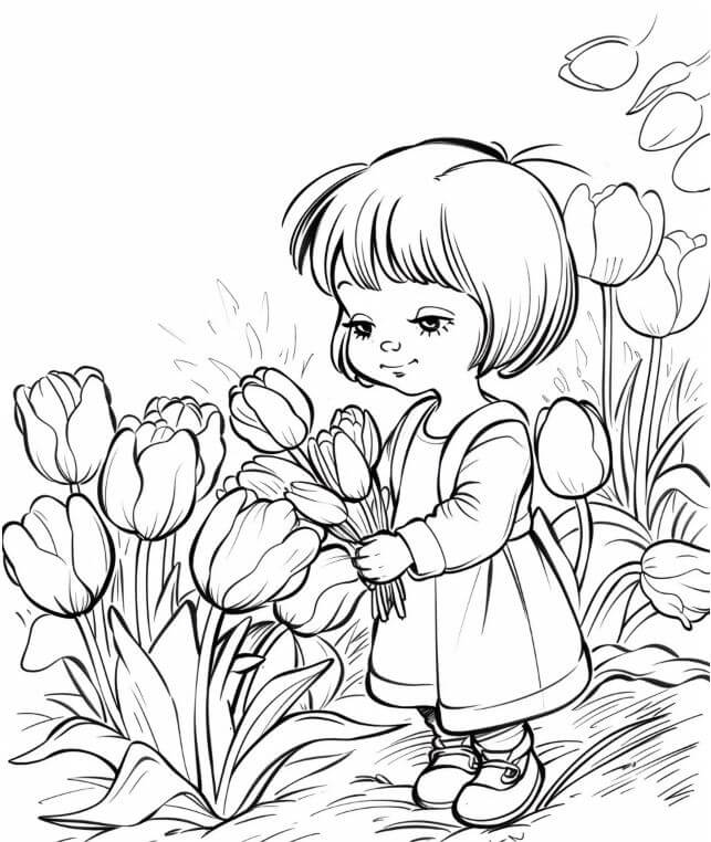 1001+ Tranh tô màu hoa Tulip đẹp và ý nghĩa 105 Tranh tô màu cô bé trong vườn hoa Tulip