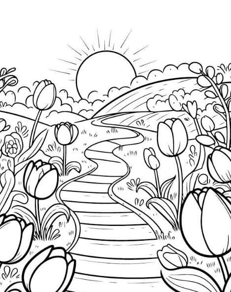 1001+ Tranh tô màu hoa Tulip đẹp và ý nghĩa 116 Hãy giúp con đường ngập tràn hoa Tulip rực rỡ
